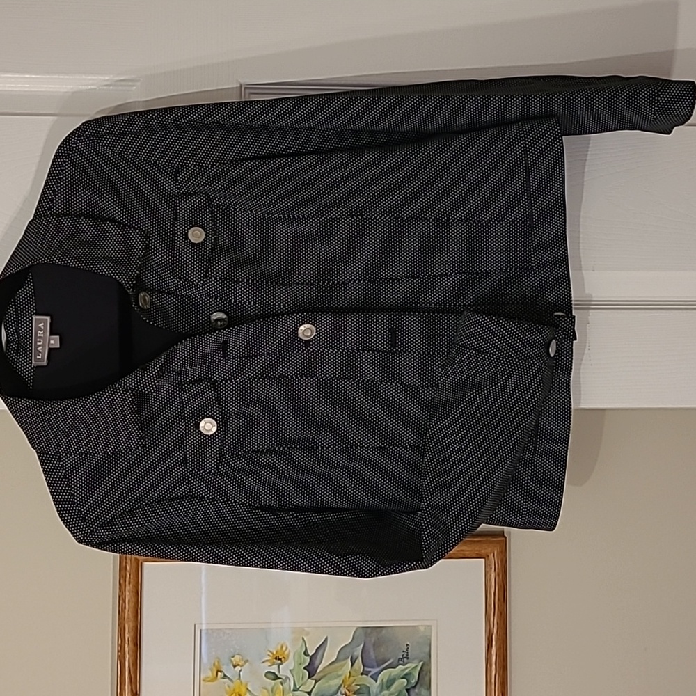JEAN STYLE Jacket by LAURA, long sleeve, navy with small white Poka Dots, sz 8